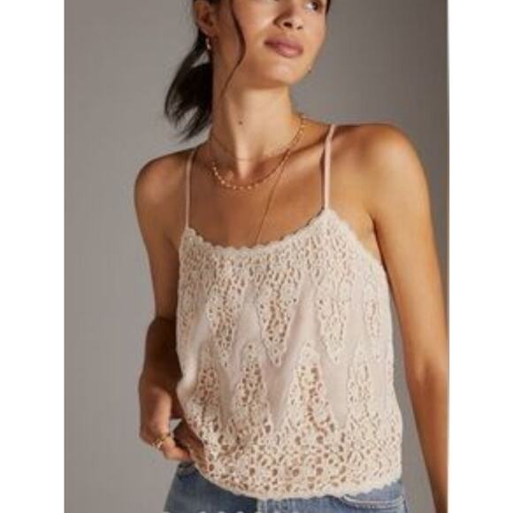 Anthropologie Tiny Anne Blush and Ivory Crochet Lace Camisole Tank Top Sz Small - Picture 1 of 9